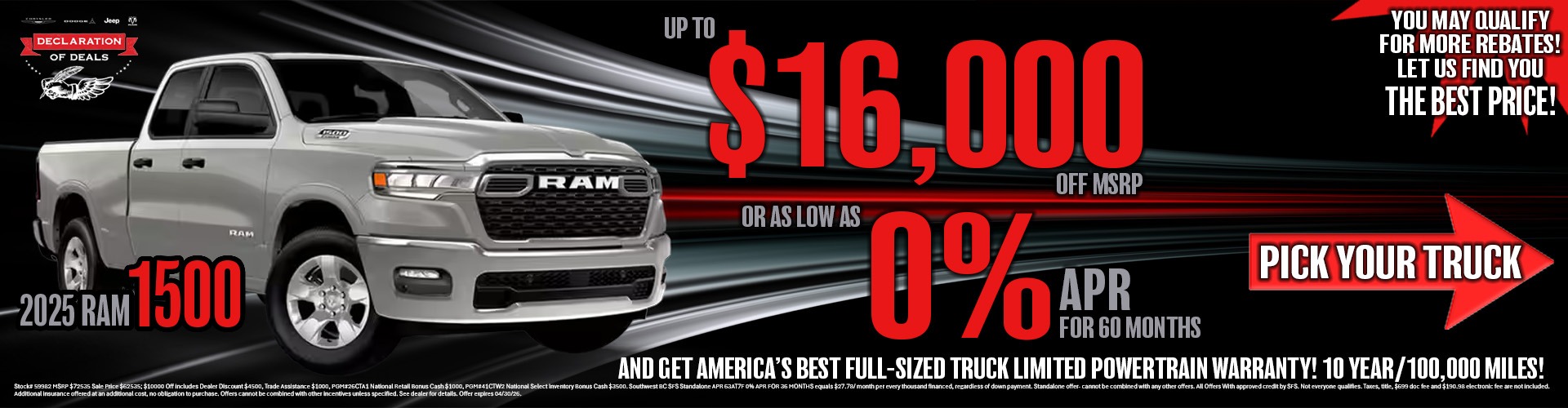 New 2026 Ram 1500s up to 16000 dollars off or 0 percent financing for 60 months Declaration of Deals event
